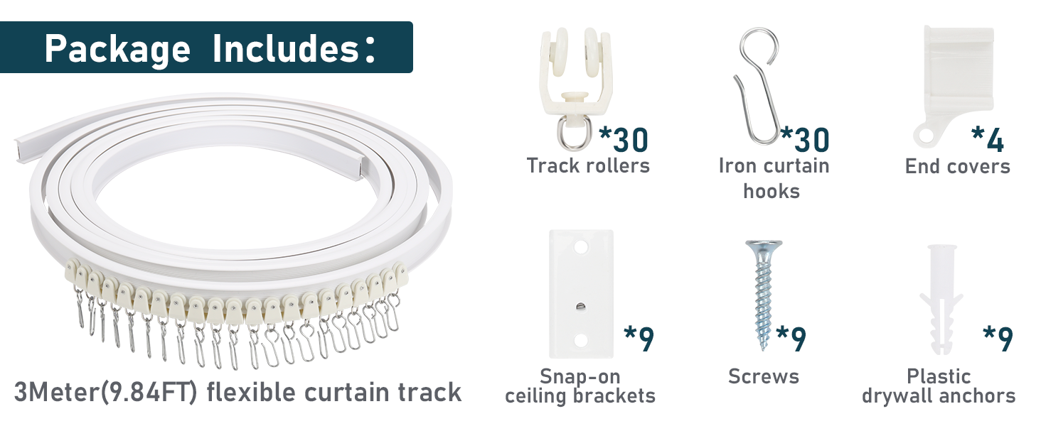 comprenant un rail de 3 mètres, 30 rouleaux, 30 crochets, 4 embouts, 9 supports de plafond, 9 vis et 9 ancrages pour cloisons sèches