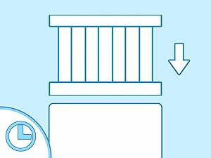 Dessin au trait bleu d'un meuble de rangement vertical avec des barres et une flèche pointant vers le bas. Une icône représentant une horloge partielle est visible dans le coin.