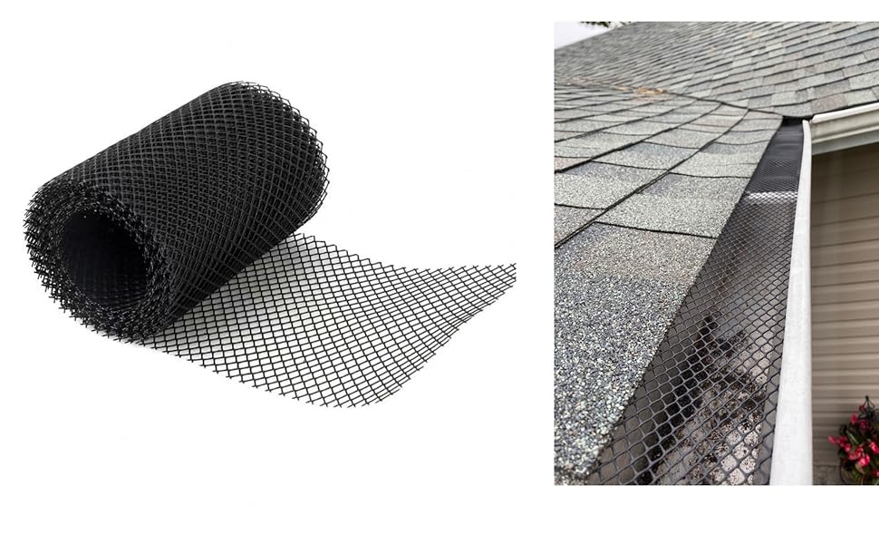 Rouleau de protection de gouttière en filet de plastique noir et exemple installé dans une gouttière de toit, empêchant les débris tout en permettant à l'eau
