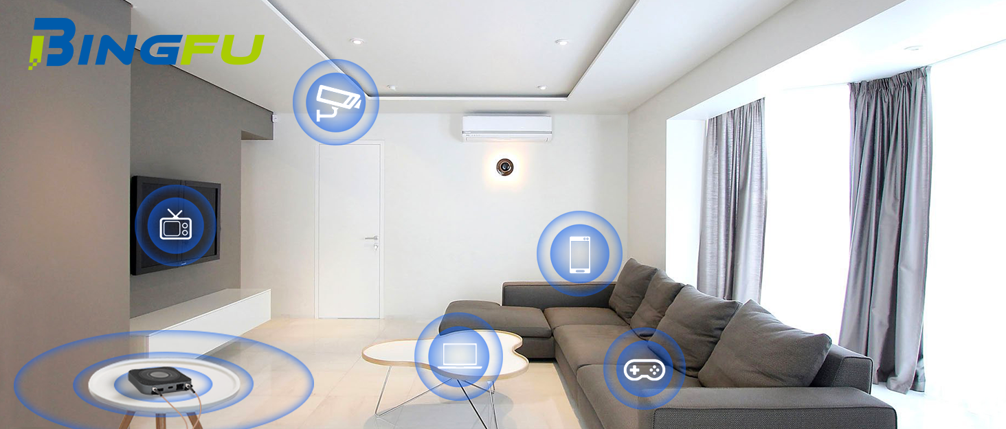 Smart home living room with gray sectional sofa, showing icons for various connected devices and systems, including lighting, security, and entertainment controls.