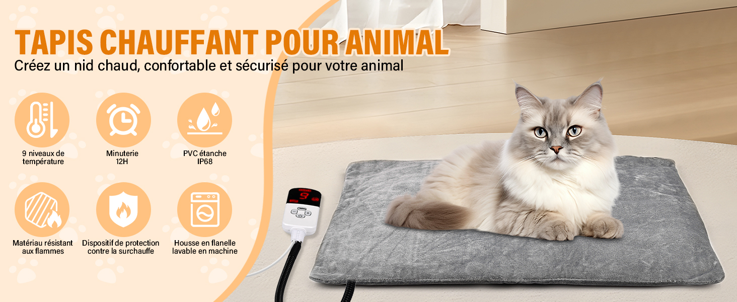 Le texte se lit comme suit : « TAPIS CHAUFFANT POUR ANIMAL ». Image du produit montrant un coussin chauffant gris ou un tapis avec un chat, accompagnée d'icônes circulaires illustrant les caractéristiques du produit.