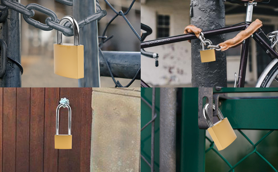 Collage de cadenas en laiton fixant divers objets : une chaîne, un vélo et un portail en bois. Démontre différentes applications de verrouillage.
