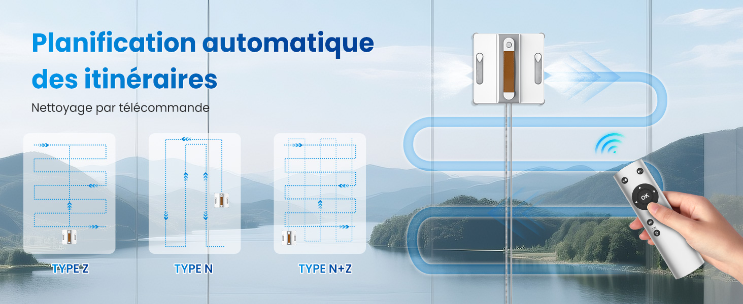 Le texte se lit comme suit : « Planification automatique des itinéraires ». Série d'illustrations techniques montrant un système de planification d'itinéraire automatisé avec des éléments d'interface bleus.