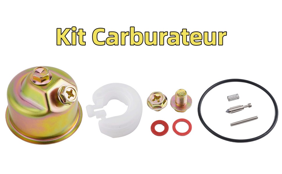 Le texte indique « Kit Carburateur ». Schéma de vue éclatée montrant diverses pièces mécaniques, notamment les joints, les rondelles et les composants circulaires d'un kit de carburateur.