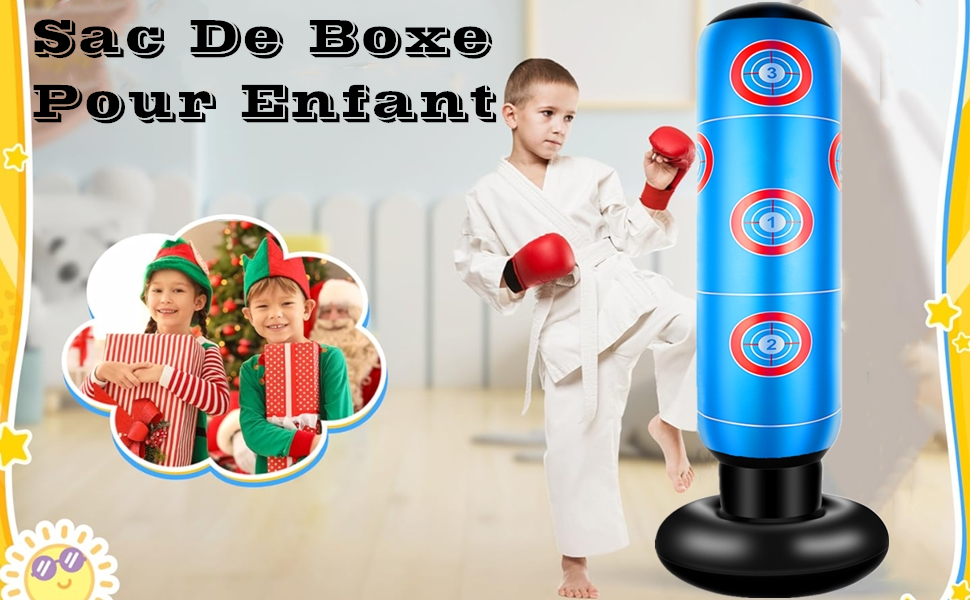 Le texte se lit comme suit : « Sac de boxe pour enfant ». Sac de boxe pour enfants représentant une cible de boxe gonflable bleue avec des éléments de design circulaires.