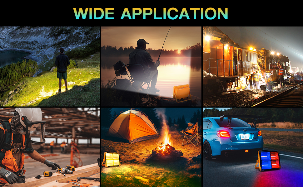 Le texte indique « APPLICATION ÉTENDUE ».
[SENTENCE 22] Grille de photos d'activités de plein air montrant le camping, la pêche, des situations d'urgence et des scénarios nocturnes avec équipement d'éclairage.