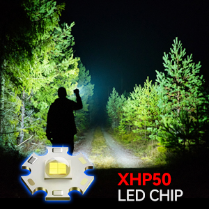 Silhouette einer Person in einem dunklen Wald, beleuchtet von einer hellen Taschenlampe. Der Ausschnitt zeigt den XHP50-LED-Chip. Die Nachtszene hebt einen starken Lichtstrahl hervor.