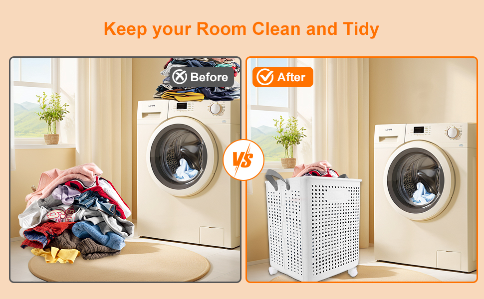 Before and after comparison showing messy laundry pile transformed into organized clothing in a white mesh hamper next to washing machine.
