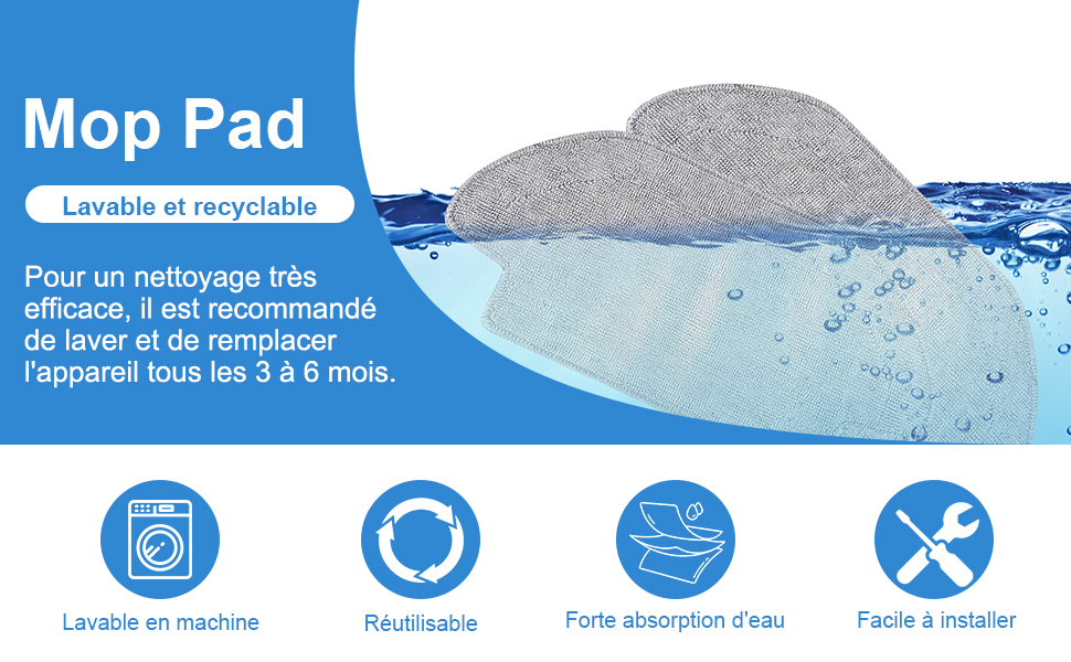 en bleu et blanc avec le texte « Mop Pad » et des icônes indiquant qu'il est lavable en machine, réutilisable, très absorbant et facile à installer