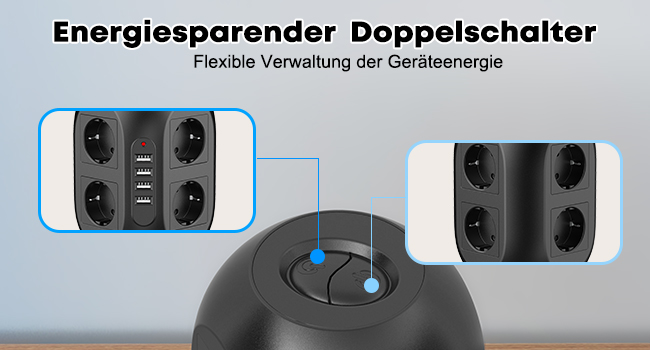 Der Text lautet „Energiesparender Doppelschalter“. Nahaufnahme eines schwarzen elektronischen Geräts mit Doppelschalterkonfiguration, das zwei identische Bedienfelder mit mehreren Tasten zeigt.