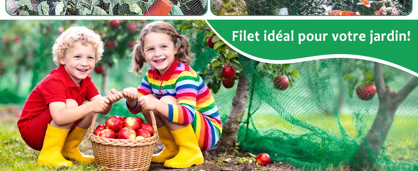 Le texte indique « Protection contre les chocs » et « Fief Idéal pour votre jardin ! ». Scènes de jardin en plein air avec des enfants en train de jouer, avec des éléments de protection ou de sécurité.
