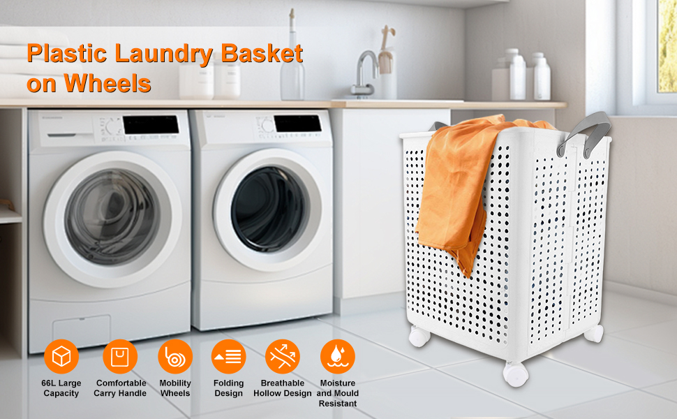 White plastic laundry basket on wheels in a laundry room setting, with washing machines and product features listed below.