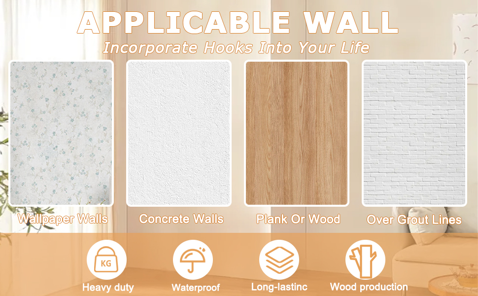 con quattro texture: motivo floreale bianco, cemento, assi di legno e linee grigie. [FRASE 29] Le icone sottostanti indicano le caratteristiche di resistenza, di impermeabilità, di durata e di legno produzione.