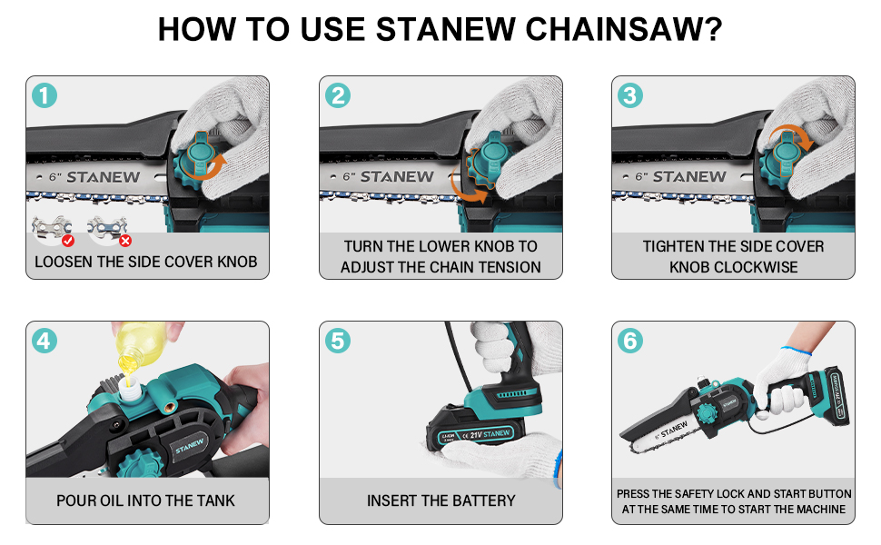 STANEW 6"ou 8" Mini tronçonneuse à batterie