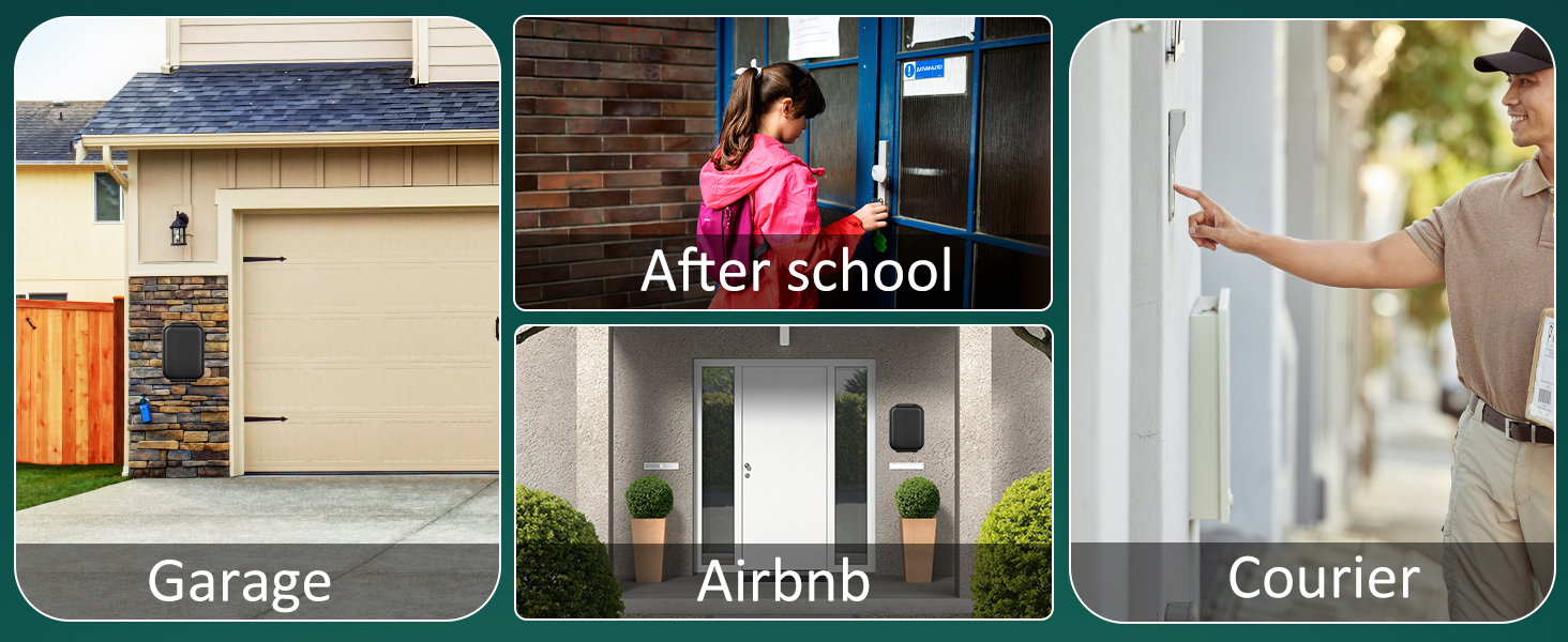 Le texte se lit comme suit : « Garage », « Airbnb », « Après l'école », « Courrier ».
[SENTENCE 9] Série de scénarios d'installation de serrures intelligentes ou de systèmes de sécurité présentés sur plusieurs panneaux.