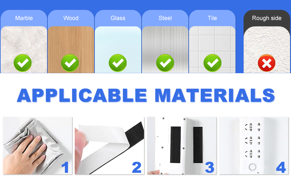 Tableau de compatibilité des matériaux indiquant le marbre, le bois, le verre, l'acier et les carreaux, le cas échéant. Ci-dessous, quatre images numérotées illustrent l'utilisation du produit sur différentes surfaces.