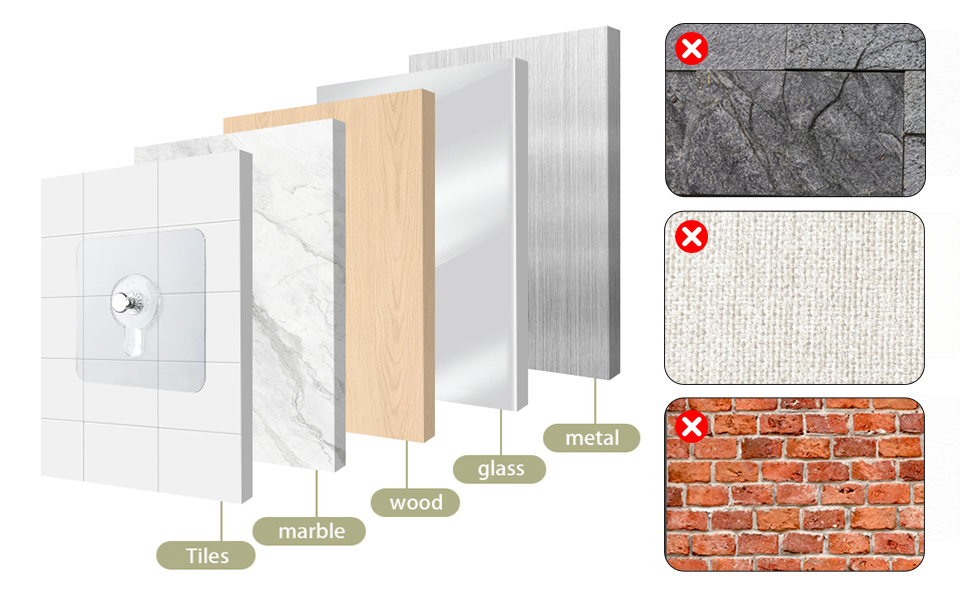 Échantillons de matériaux muraux stratifiés, notamment du carrelage, du marbre, du bois, du verre et du métal. Trois autres échantillons de texture présentent des motifs de pierre, de tissu et de brique.