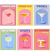 Le texte se lit comme suit : COCKTAIL COSMOPOLITE, PORNSTAR, VODKA MARTINI, GIN & TONIC, SPRITZ, COCKTAIL LANCIENNE. Série de six verres à cocktail illustrant aux couleurs pastel sur fond coloré.