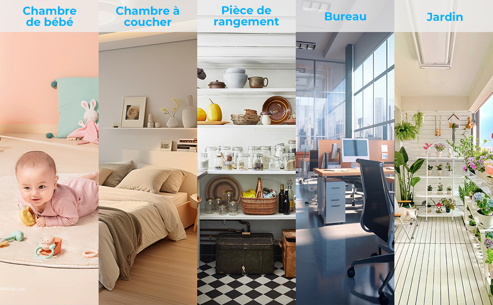 Image composite montrant cinq intérieurs de pièces différents : chambre de bébé, chambre à coucher, espace de rangement, espace de bureau et jardin/terrasse. Chaque espace est meublé et décoré en conséquence.