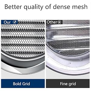 Comparaison de la qualité du maillage dans les filtres des appareils électroménagers. Le côté gauche intitulé « Notre » montre une grille plus dense et plus audacieuse. Le côté droit, intitulé « Autre », affiche un maillage plus fin et moins dense
