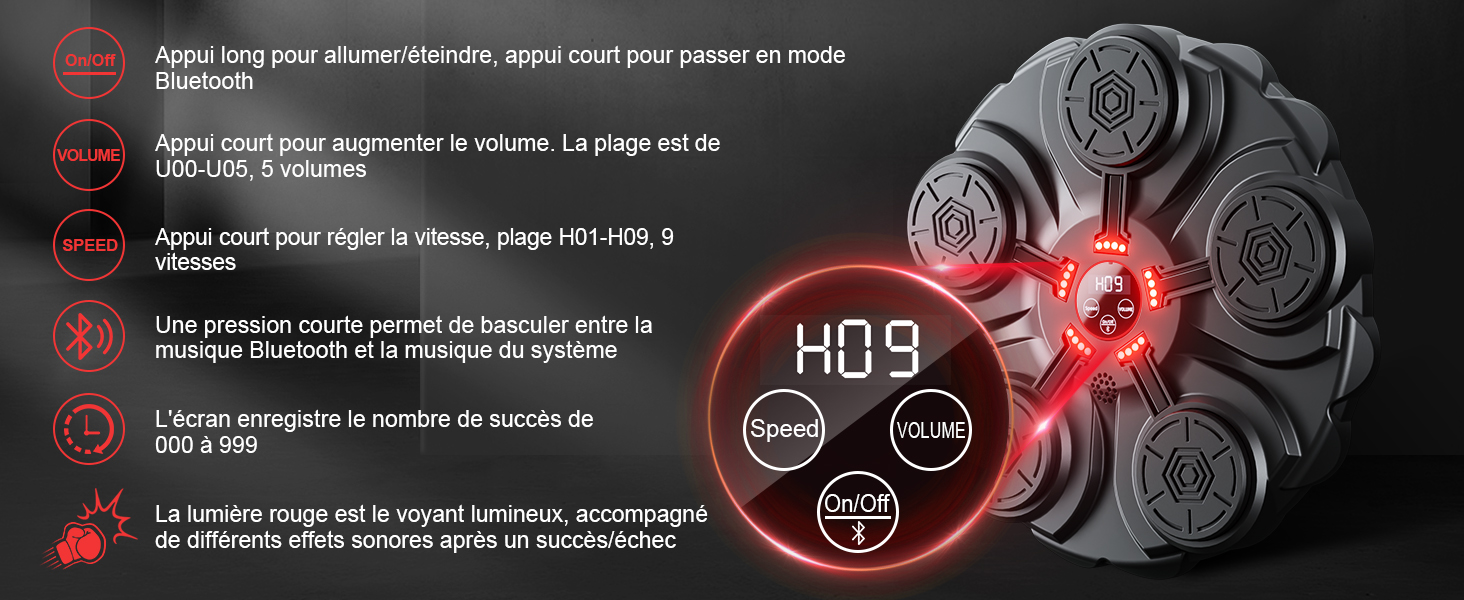 Interface de l'appareil de fitness affichant une disposition circulaire des options d'entraînement. La zone centrale éclairée en rouge indique « H09 » avec des icônes indiquant le temps, les calories et la distance
