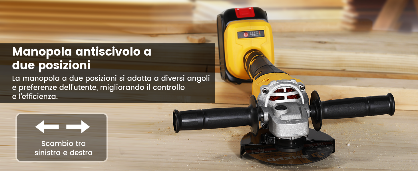 Utensile smerigliatrice angolare giallo con impugnatura nera e protezione di sicurezza, mostrato con indicatori di movimento direzionali