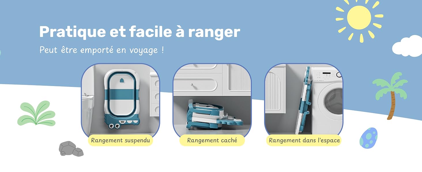 montrant les trois étapes à suivre pour le stockage et l'use d'a produit en voyage, with the icônes simples sur fond blue with the éléments décoratifs in forme de soleil et de palmier