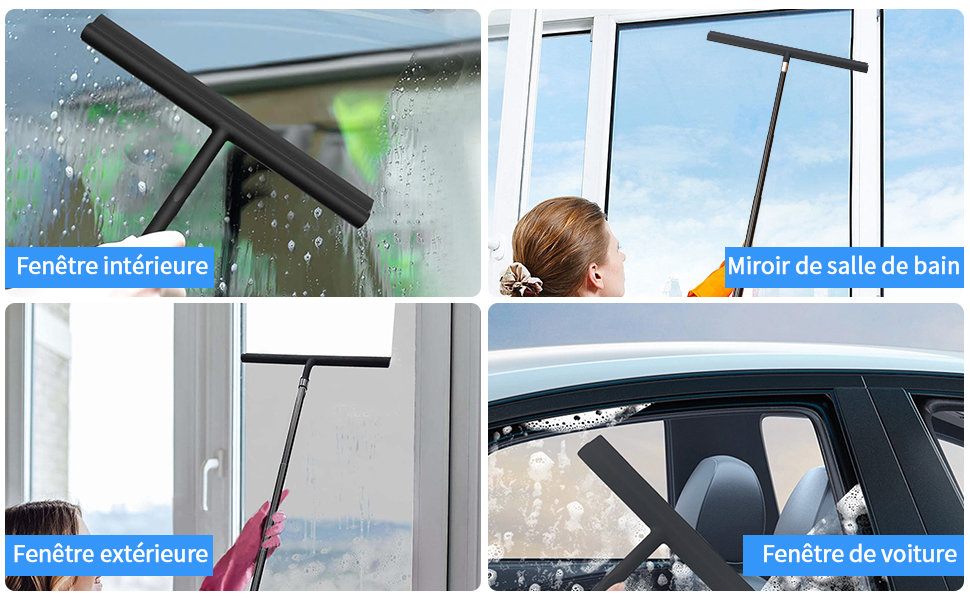 Image à panneaux multiples montrant un outil de nettoyage de vitres avec manche télescopique utilisé sur diverses surfaces, y compris les vitres des voitures et les vitres intérieures