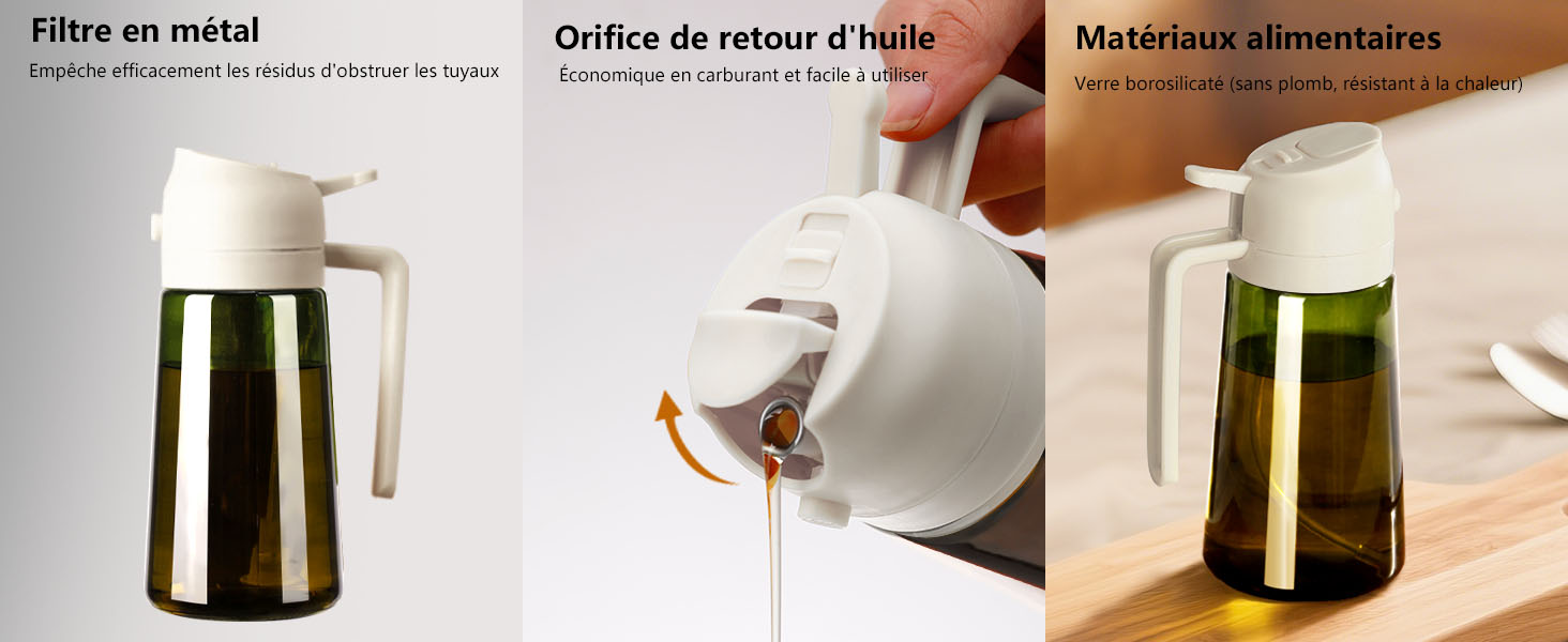 Distributeur d'huile blanc et en verre avec filtre métallique, bec de retour et matériaux de qualité alimentaire. Trois panneaux présentent les différentes caractéristiques et utilisations du produit.