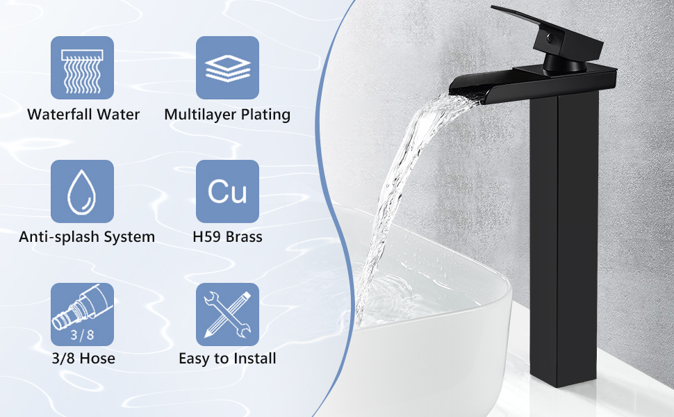 Top Bathroom Faucet Waterfall Matte Black
