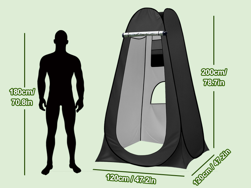 avec dimensions : 200 cm de hauteur, 120 cm de largeur, 120 cm de profondeur. Montré à côté de la silhouette pour comparer les tailles. Dispose d'une ouverture zippée et d'un intérieur gris clair