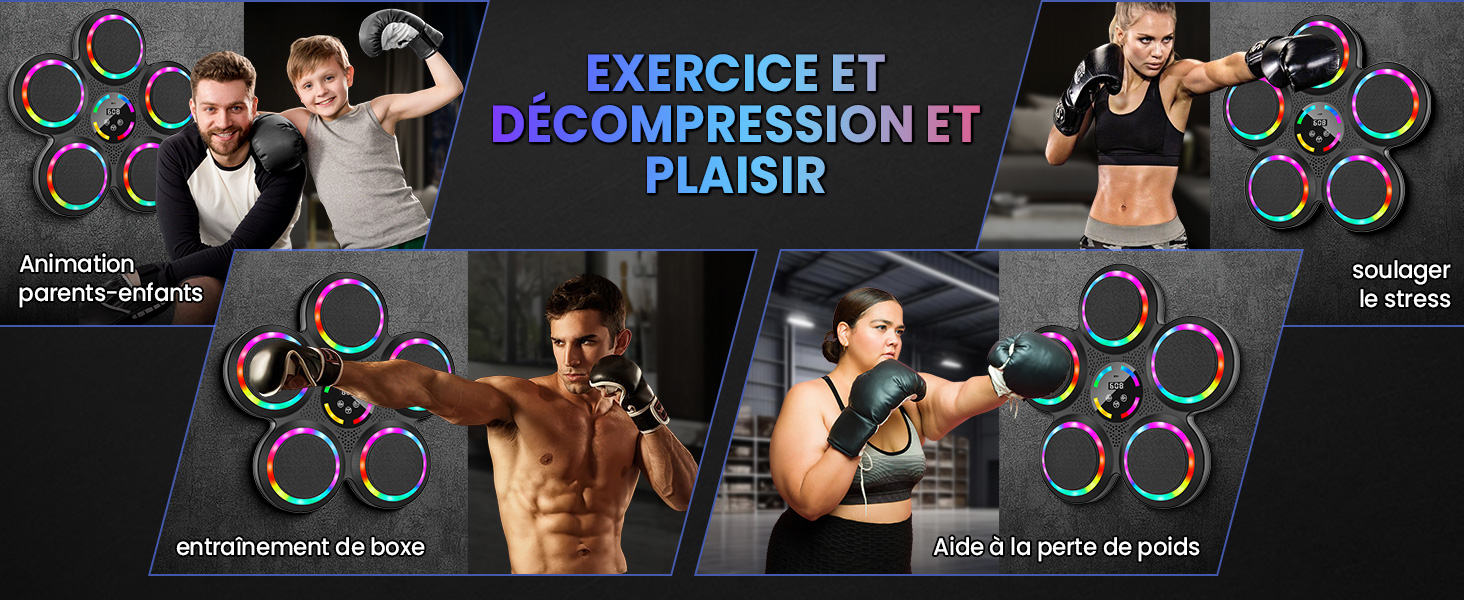 sur le fitness présentant diverses activités physiques : musculation, boxe et cardio. Des graphiques circulaires colorés encadrent des images de personnes s'entraînant dans une salle de sport.