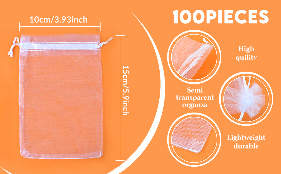 Lot de 100 sacs à cordon en organza transparent, 10 cm x 15 cm. Les caractéristiques incluent un matériau de haute qualité, une transparence et une durabilité légère.