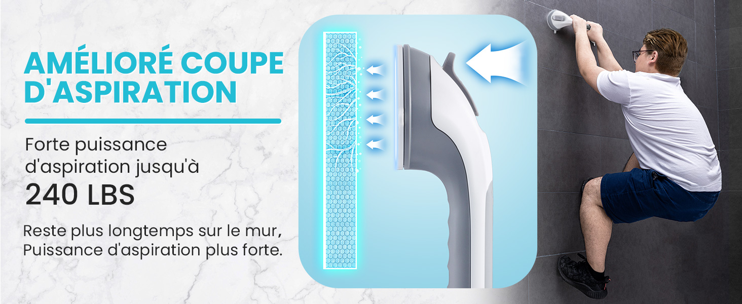 avec une puissance d'aspiration améliorée jusqu'à 240 livres, illustré en cours d'utilisation sur un mur.