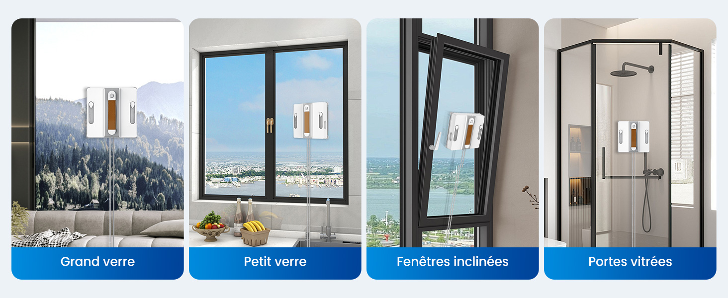 Le texte se lit comme suit : « Grand verre, Petit verre, Fenêtres intérieures, Portes vitrées ». Série d'images architecturales montrant des installations en verre avec vue sur la ville.