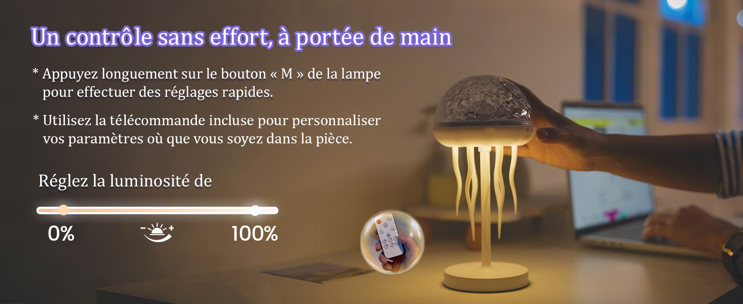 Le texte se lit comme suit : « Un contrôle sans effort à portée de main ». Barre de progression ou interface à curseur affichant une échelle de pourcentage comprise entre 0 % et 100 %.