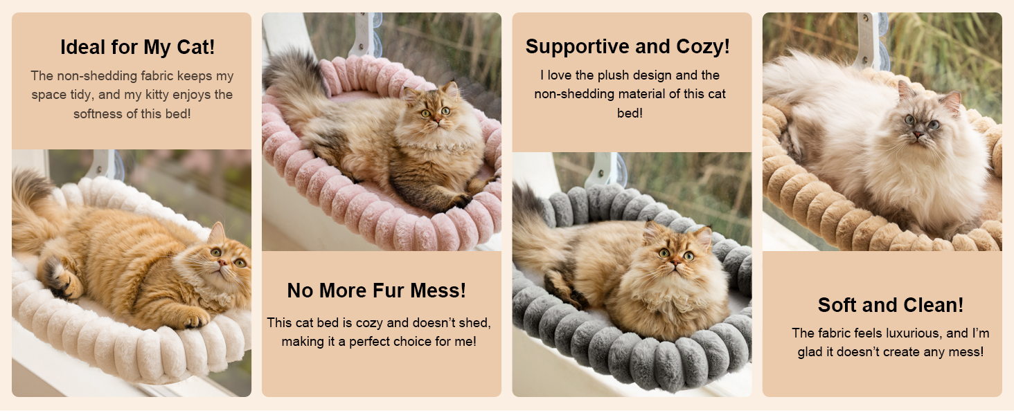 Plusieurs images de chats se prélassant dans des lits incurvés doublés de peluche pour animaux de compagnie. Les lits sont présentés dans les couleurs beige, rose et gris. Les chats semblent à l'aise et détendus dans leur structure de soutien semblable à un nid
