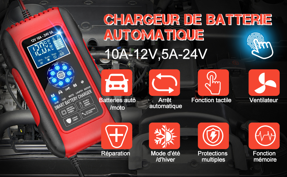 Chargeur de batterie automatique auto moto Arrêt automatique Tactile Réparation Mode été/hiver