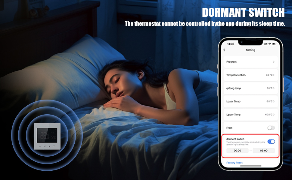 une femme qui dort dans son lit avec un thermomètre sur la tête.