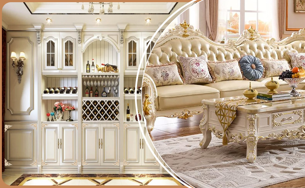 L'intérieur luxueux du salon de couleur crème comprend des meubles ornés, un lustre en cristal et des moulures décoratives présentées sous plusieurs angles.