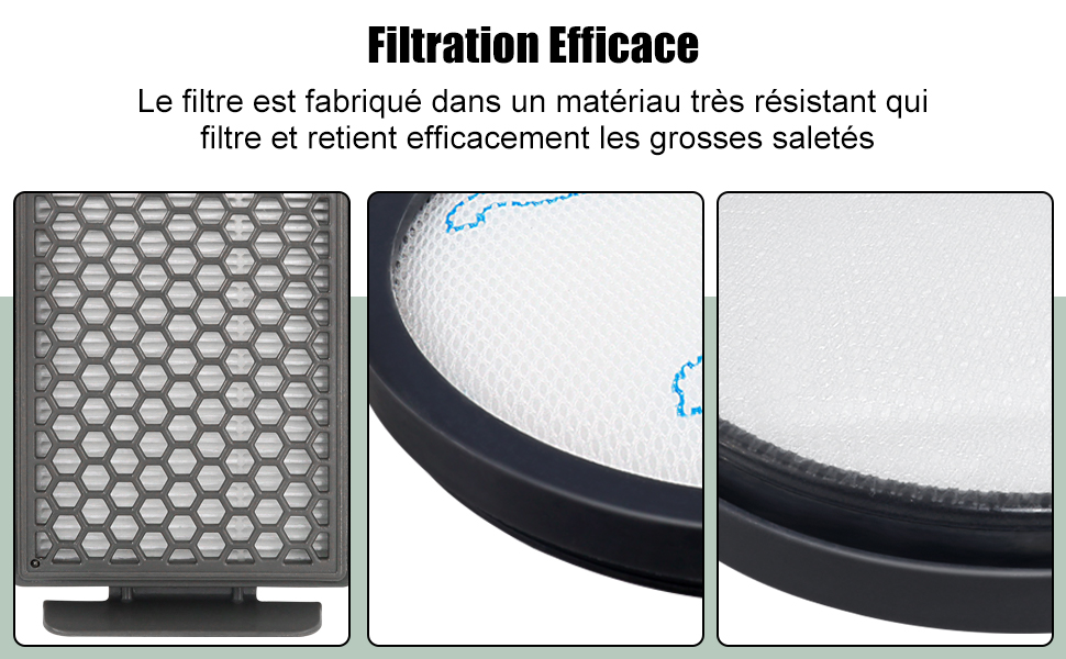 Image à trois panneaux d'un filtre à air : structure à mailles hexagonales, gros plan du bord du filtre avec un matériau blanc et vue latérale du cadre du filtre.
[SENTENCE 4] [SENTENCE 2]
[SENTENCE 5]
[SENTENCE 3]
[SENTENCE 3] Le texte décrit la filtration efficace des grosses particules.