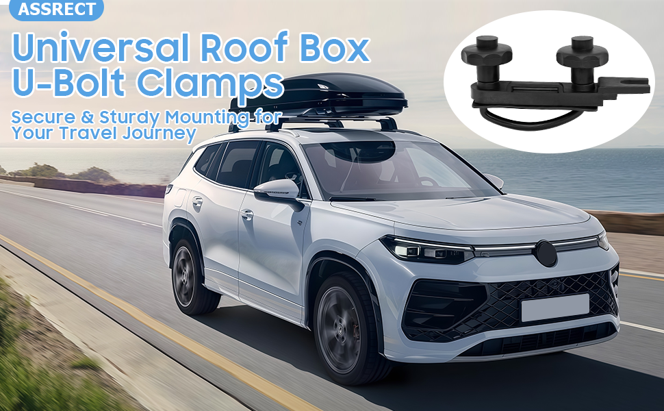Text reads 'Universal Roof Box U-Bolt Clamps' with additional product details. White SUV displaying roof-mounted cargo box with mounting clamps shown in inset.