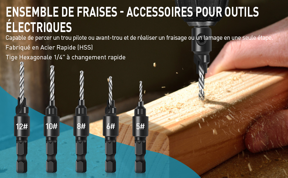 Jeu de forets à chanfreiner, Mèches à fraiser, Ensemble de forets, Embouts de fraisage,Mèches