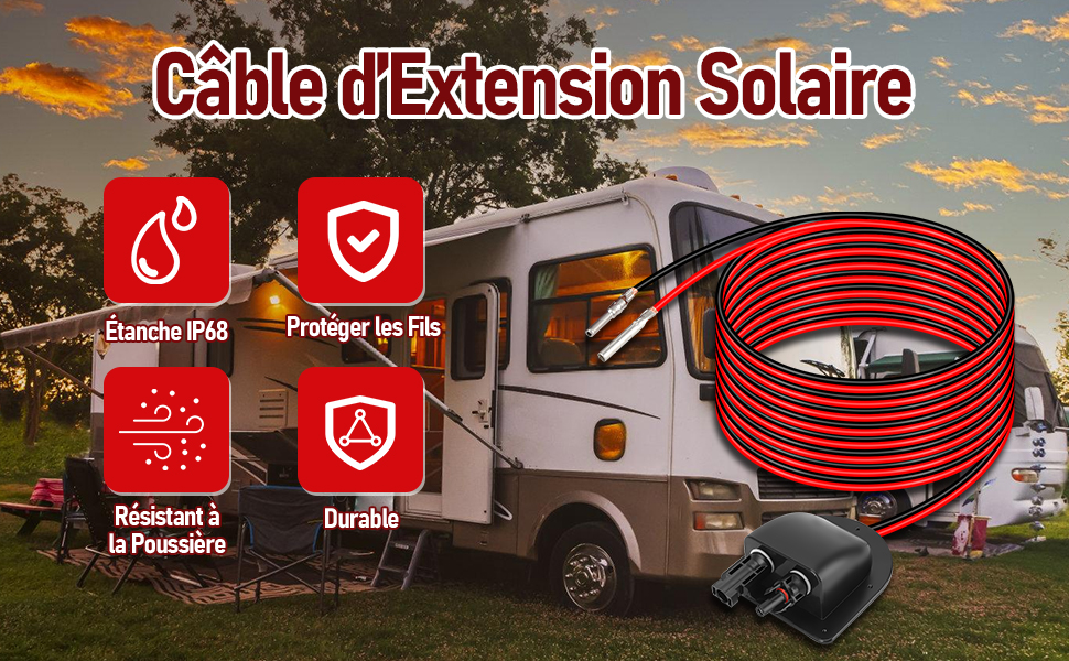 Câble d'extension rouge pour applications solaires, illustré par des icônes RV et de sécurité. Le texte indique « Câble d'Extension Solaire ».