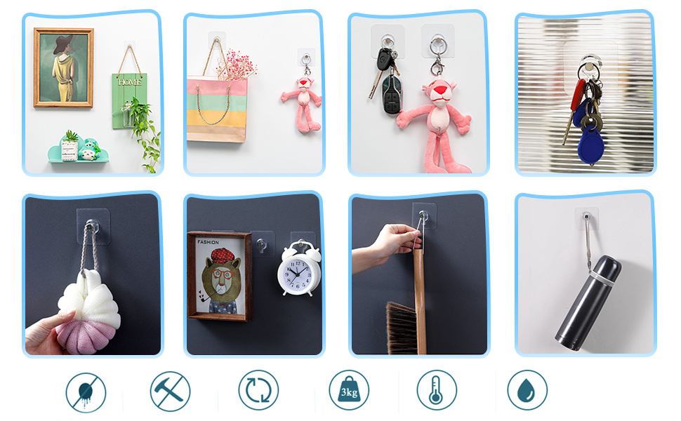 Collage de produits d'organisation de la maison, notamment des crochets muraux, des sacs de rangement suspendus, des porte-clés décoratifs et une bouteille d'eau réutilisable. Les icônes ci-dessous indiquent les différentes caractéristiques du produit.