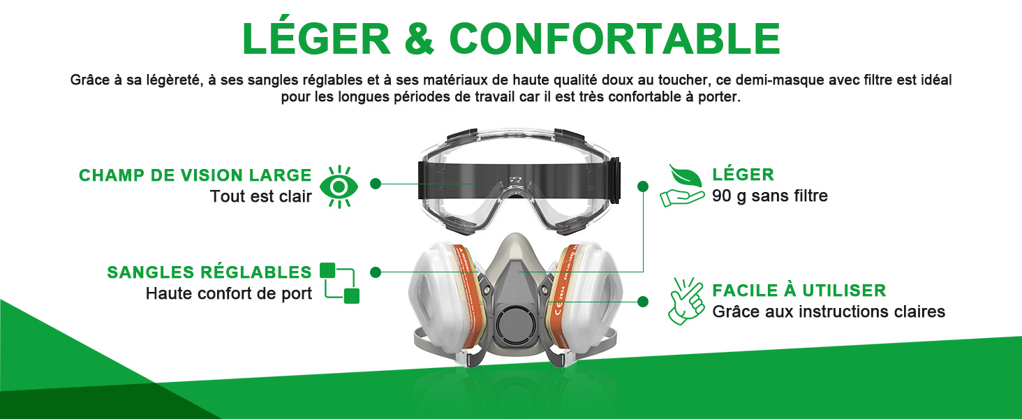 Texte en français montrant les spécifications du produit avec du texte vert et des icônes. Le matériel de marketing semble concerner un produit lié au vélo avec des détails de mesure.