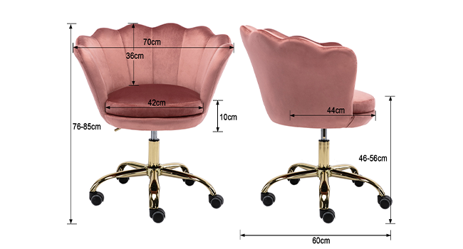 Bürostuhl aus rosafarbenem Samt mit gewellter Rückenlehne, goldfarbenem Metallgestell und Rädern. Abgebildete Maße: 70 cm Breite, 42 cm Sitztiefe, 76—85 cm verstellbare Höhe, 80 cm Gesamttiefe