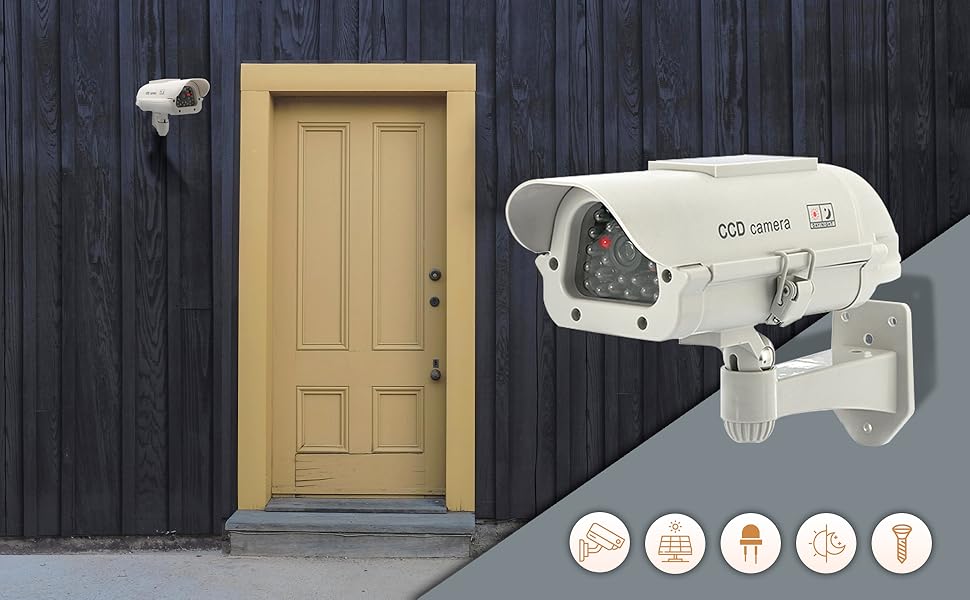 Cámara de seguridad simulada solar para exteriores/interiores con luz LED realista y puerta