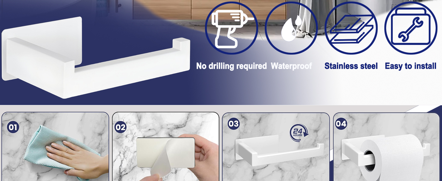 Porte-papier hygiénique adhésif blanc avec étapes d'installation. Les caractéristiques incluent l'absence de perçage, l'étanchéité, l'acier inoxydable et une installation facile. Montré monté sur un mur de salle de bain carrelé.
