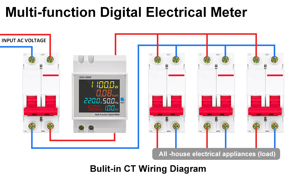 Compteur d'électricité Rail DIN AC 40-300V 100A 6 en 1 LCD Compteur d'énergie numérique Ampèremètre Voltmètre Din